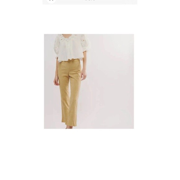 FREE PEOPLE In My Feelings Crop Boot Pants L Check Yellow Cotton Blend Pullon - Picture 6 of 11